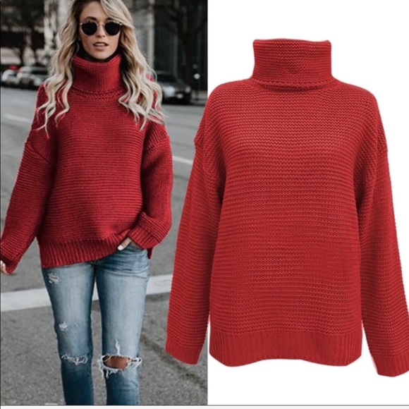 Red Knit Turtleneck Long Sleeve Oversized Sweater - Picture 2 of 7